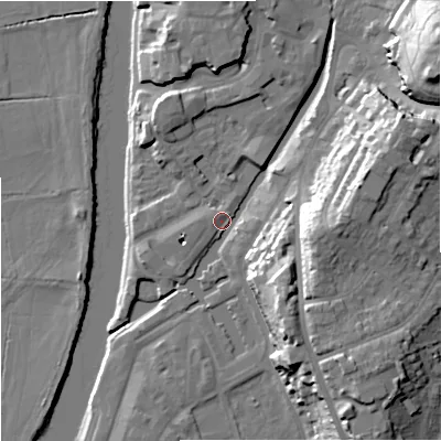 Shaded relief map of the ground around WR12GB, computed from Environment Agency LiDAR. The ground here sits at about 16 m above sea level and falls 28 m across the surrounding 800 m. Surface water reaching this point runs off ground lying to the north-east, 24.4 m higher.