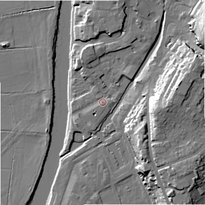 Shaded relief map of the ground around WR12GE, computed from Environment Agency LiDAR. The ground here sits at about 17 m above sea level and falls 24 m across the surrounding 800 m. Surface water reaching this point runs off ground lying to the north-north-west, 5.2 m higher.