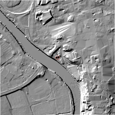 Shaded relief map of the ground around WR12JJ, computed from Environment Agency LiDAR. The ground here sits at about 15 m above sea level and falls 15 m across the surrounding 800 m. Surface water reaching this point runs off ground lying to the east-north-east, 11.1 m higher.