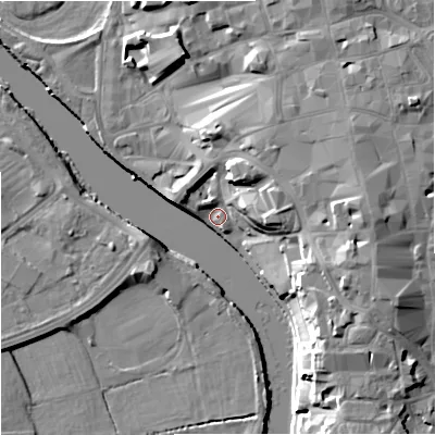 Shaded relief map of the ground around WR12JN, computed from Environment Agency LiDAR. The ground here sits at about 15 m above sea level and falls 15 m across the surrounding 800 m. Surface water reaching this point runs off ground lying to the east-north-east, 11.3 m higher.
