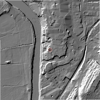 Shaded relief map of the ground around WR12LH, computed from Environment Agency LiDAR. The ground here sits at about 21 m above sea level and falls 23 m across the surrounding 800 m. Surface water reaching this point runs off ground lying to the north-east, 1.5 m higher.