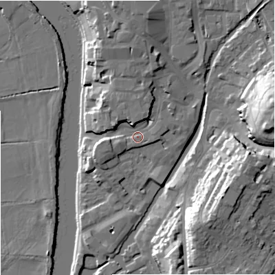 Shaded relief map of the ground around WR12ND, computed from Environment Agency LiDAR. The ground here sits at about 19 m above sea level and falls 29 m across the surrounding 800 m. Surface water reaching this point runs off ground lying to the north, 8.0 m higher.