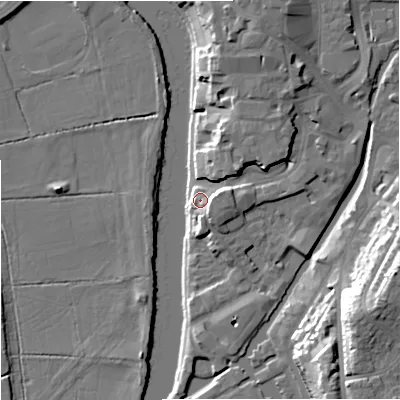 Shaded relief map of the ground around WR12NF, computed from Environment Agency LiDAR. The ground here sits at about 16 m above sea level and falls 23 m across the surrounding 800 m. Surface water reaching this point runs off ground lying to the east-north-east, 5.0 m higher.