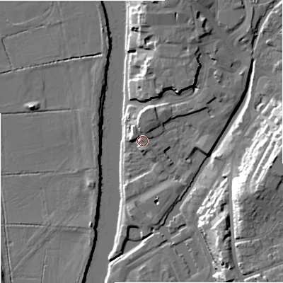 Shaded relief map of the ground around WR12NG, computed from Environment Agency LiDAR. The ground here sits at about 18 m above sea level and falls 23 m across the surrounding 800 m. Surface water reaching this point runs off ground lying to the north, 5.4 m higher.