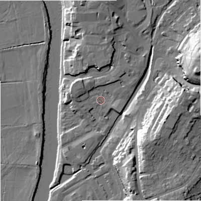 Shaded relief map of the ground around WR12NH, computed from Environment Agency LiDAR. The ground here sits at about 17 m above sea level and falls 28 m across the surrounding 800 m. Surface water reaching this point runs off ground lying to the north-west, 3.8 m higher.