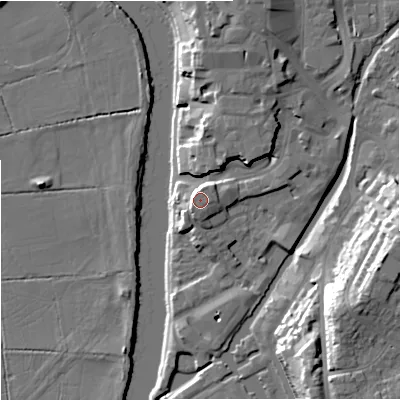 Shaded relief map of the ground around WR12NJ, computed from Environment Agency LiDAR. The ground here sits at about 20 m above sea level and falls 23 m across the surrounding 800 m. Surface water reaching this point runs off ground lying to the north-north-east, 4.0 m higher.