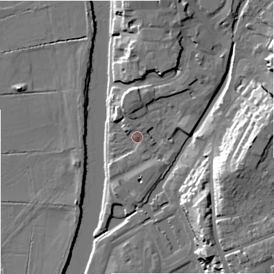 Shaded relief map of the ground around WR12NL, computed from Environment Agency LiDAR. The ground here sits at about 17 m above sea level and falls 23 m across the surrounding 800 m. Surface water reaching this point runs off ground lying to the north-north-west, 1.6 m higher.