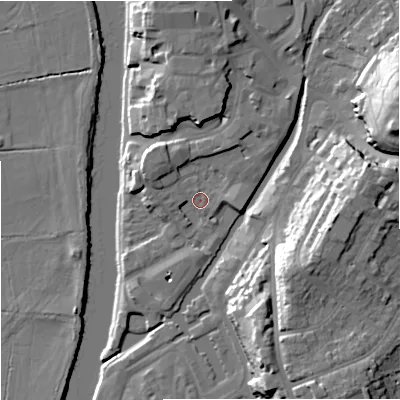Shaded relief map of the ground around WR12NP, computed from Environment Agency LiDAR. The ground here sits at about 17 m above sea level and falls 28 m across the surrounding 800 m. Surface water reaching this point runs off ground lying to the north-west, 3.8 m higher.
