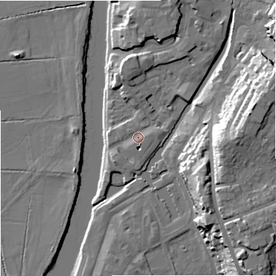 Shaded relief map of the ground around WR12NR, computed from Environment Agency LiDAR. The ground here sits at about 16 m above sea level and falls 24 m across the surrounding 800 m. Surface water reaching this point runs off ground lying to the north, 5.2 m higher.