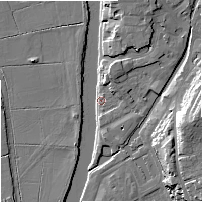 Shaded relief map of the ground around WR12NS, computed from Environment Agency LiDAR. The ground here sits at about 15 m above sea level and falls 23 m across the surrounding 800 m. Surface water reaching this point runs off ground lying to the east-south-east, 22.6 m higher.