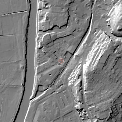 Shaded relief map of the ground around WR12NW, computed from Environment Agency LiDAR. The ground here sits at about 16 m above sea level and falls 28 m across the surrounding 800 m. Surface water reaching this point runs off ground lying to the north-north-west, 4.8 m higher.