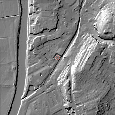 Shaded relief map of the ground around WR12NY, computed from Environment Agency LiDAR. The ground here sits at about 16 m above sea level and falls 30 m across the surrounding 800 m. Surface water reaching this point runs off ground lying to the east-north-east, 4.1 m higher.