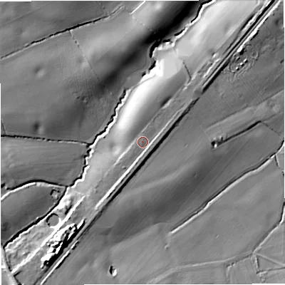 Shaded relief map of the ground around WR135AW, computed from Environment Agency LiDAR. The ground here sits at about 53 m above sea level and falls 22 m across the surrounding 800 m. Surface water reaching this point runs off ground lying to the south-south-west, 3.3 m higher.