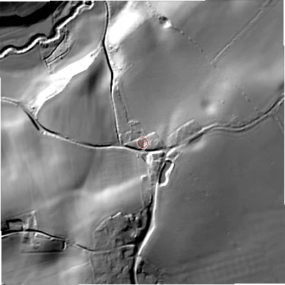 Shaded relief map of the ground around WR135DG, computed from Environment Agency LiDAR. The ground here sits at about 47 m above sea level and falls 41 m across the surrounding 800 m. Surface water reaching this point runs off ground lying to the east, 4.9 m higher.