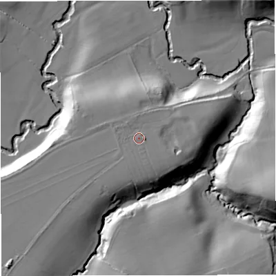 Shaded relief map of the ground around WR135DH, computed from Environment Agency LiDAR. The ground here sits at about 45 m above sea level and falls 30 m across the surrounding 800 m. Surface water reaching this point runs off ground lying to the south-west, 4.8 m higher.