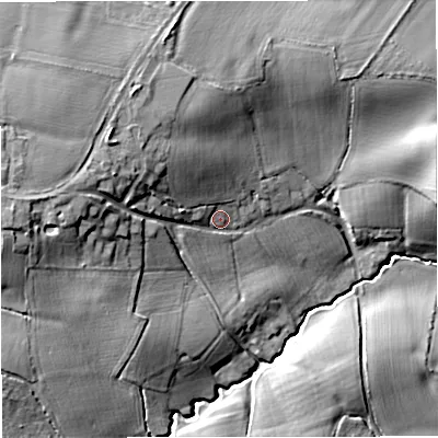 Shaded relief map of the ground around WR135DY, computed from Environment Agency LiDAR. The ground here sits at about 45 m above sea level and falls 18 m across the surrounding 800 m. Surface water reaching this point runs off ground lying to the west, 10.7 m higher.
