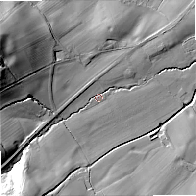 Shaded relief map of the ground around WR135HB, computed from Environment Agency LiDAR. The ground here sits at about 84 m above sea level and falls 50 m across the surrounding 800 m. Surface water reaching this point runs off ground lying to the south-west, 35.3 m higher.