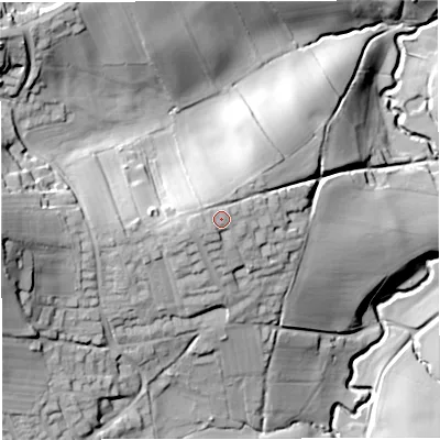 Shaded relief map of the ground around WR135HX, computed from Environment Agency LiDAR. The ground here sits at about 99 m above sea level and falls 48 m across the surrounding 800 m. Surface water reaching this point runs off ground lying to the west-south-west, 3.1 m higher.