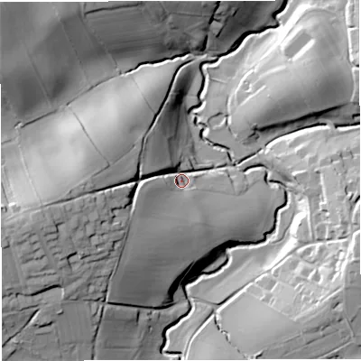Shaded relief map of the ground around WR135HY, computed from Environment Agency LiDAR. The ground here sits at about 79 m above sea level and falls 35 m across the surrounding 800 m. Surface water reaching this point runs off ground lying to the west-south-west, 26.0 m higher.