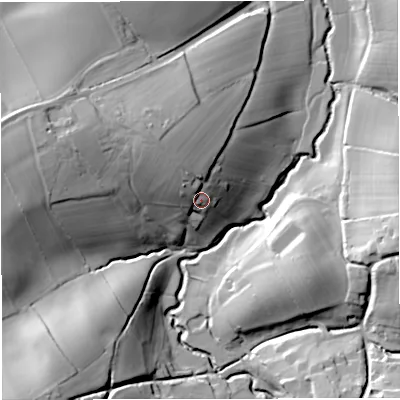 Shaded relief map of the ground around WR135LF, computed from Environment Agency LiDAR. The ground here sits at about 83 m above sea level and falls 33 m across the surrounding 800 m. Surface water reaching this point runs off ground lying to the north-west, 13.8 m higher.