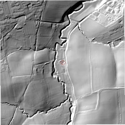 Shaded relief map of the ground around WR135LN, computed from Environment Agency LiDAR. The ground here sits at about 75 m above sea level and falls 30 m across the surrounding 800 m. Surface water reaching this point runs off ground lying to the east-south-east, 17.2 m higher.