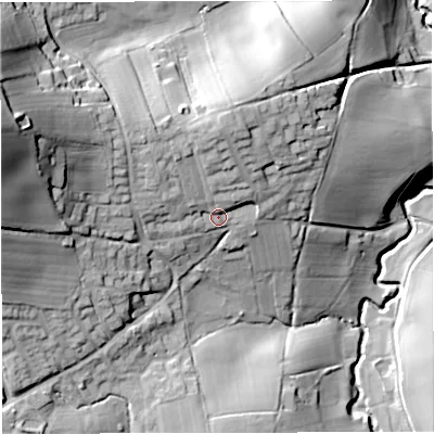 Shaded relief map of the ground around WR135LP, computed from Environment Agency LiDAR. The ground here sits at about 92 m above sea level and falls 56 m across the surrounding 800 m. Surface water reaching this point runs off ground lying to the north, 9.5 m higher.