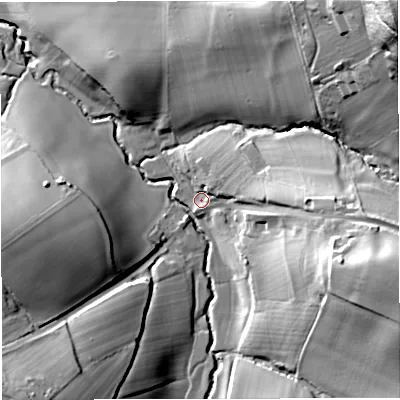 Shaded relief map of the ground around WR135NN, computed from Environment Agency LiDAR. The ground here sits at about 68 m above sea level and falls 71 m across the surrounding 800 m. Surface water reaching this point runs off ground lying to the east, 14.2 m higher.