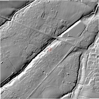 Shaded relief map of the ground around WR136AJ, computed from Environment Agency LiDAR. The ground here sits at about 44 m above sea level and falls 17 m across the surrounding 800 m. Surface water reaching this point runs off ground lying to the south-south-west, 8.5 m higher.