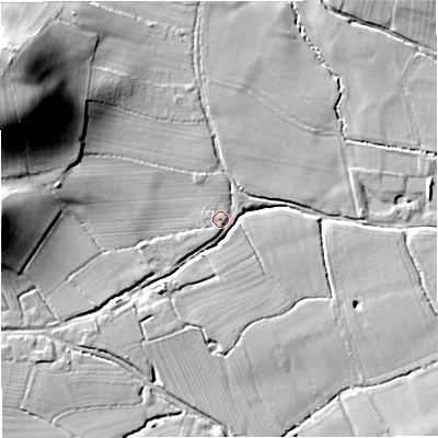Shaded relief map of the ground around WR136AP, computed from Environment Agency LiDAR. The ground here sits at about 24 m above sea level and falls 35 m across the surrounding 800 m. Surface water reaching this point runs off ground lying to the west-north-west, 29.5 m higher.