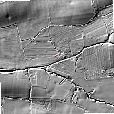 Shaded relief map of the ground around WR136HB, computed from Environment Agency LiDAR. The ground here sits at about 106 m above sea level and falls 16 m across the surrounding 800 m. Surface water reaching this point runs off ground lying to the south-south-east, 0.9 m higher.