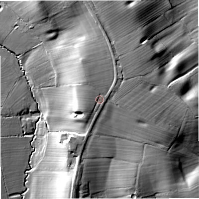 Shaded relief map of the ground around WR136JJ, computed from Environment Agency LiDAR. The ground here sits at about 57 m above sea level and falls 24 m across the surrounding 800 m. Surface water reaching this point runs off ground lying to the north-west, 2.2 m higher.