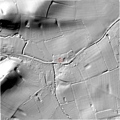Shaded relief map of the ground around WR136LN, computed from Environment Agency LiDAR. The ground here sits at about 29 m above sea level and falls 26 m across the surrounding 800 m. Surface water reaching this point runs off ground lying to the north-west, 24.5 m higher.