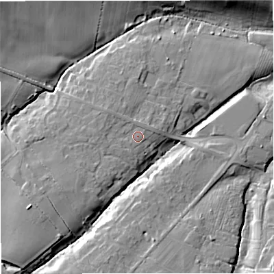 Shaded relief map of the ground around WR136NE, computed from Environment Agency LiDAR. The ground here sits at about 44 m above sea level and falls 16 m across the surrounding 800 m. Surface water reaching this point runs off ground lying to the west, 2.4 m higher.