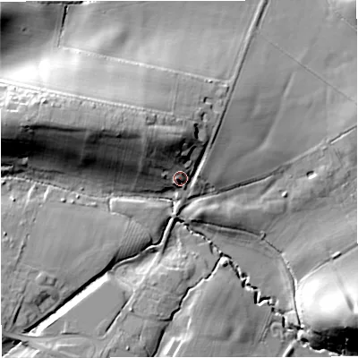 Shaded relief map of the ground around WR136NF, computed from Environment Agency LiDAR. The ground here sits at about 44 m above sea level and falls 28 m across the surrounding 800 m. Surface water reaching this point runs off ground lying to the north-north-west, 14.1 m higher.