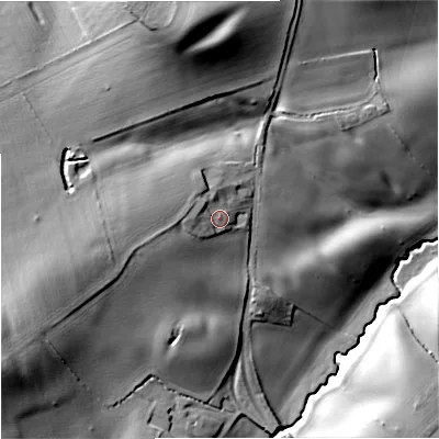 Shaded relief map of the ground around WR136PB, computed from Environment Agency LiDAR. The ground here sits at about 29 m above sea level and falls 30 m across the surrounding 800 m. Surface water reaching this point runs off ground lying to the west-north-west, 2.9 m higher.