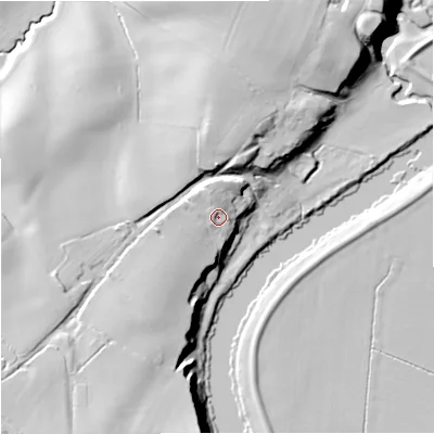 Shaded relief map of the ground around WR136PD, computed from Environment Agency LiDAR. The ground here sits at about 21 m above sea level and falls 22 m across the surrounding 800 m. Surface water reaching this point runs off ground lying to the west, 2.9 m higher.