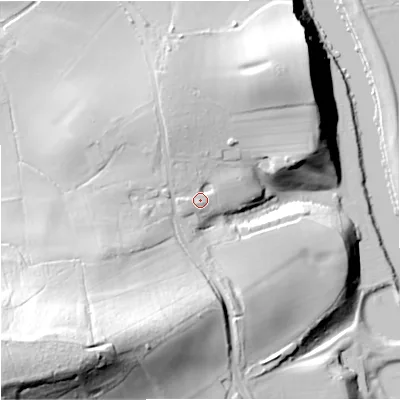Shaded relief map of the ground around WR136PE, computed from Environment Agency LiDAR. The ground here sits at about 34 m above sea level and falls 60 m across the surrounding 800 m. Surface water reaching this point runs off ground lying to the west, 2.1 m higher.