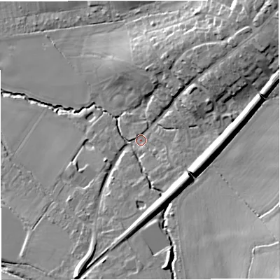 Shaded relief map of the ground around WR136QX, computed from Environment Agency LiDAR. The ground here sits at about 115 m above sea level and falls 25 m across the surrounding 800 m. Surface water reaching this point runs off ground lying to the south-east, 18.6 m higher.