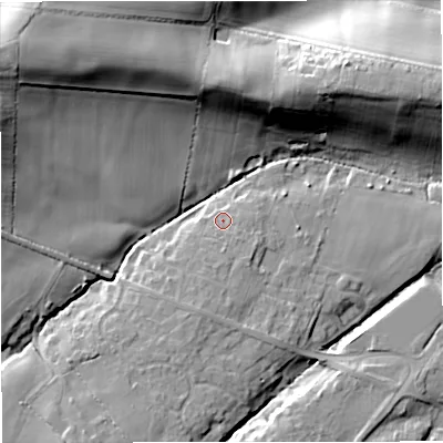 Shaded relief map of the ground around WR136SB, computed from Environment Agency LiDAR. The ground here sits at about 42 m above sea level and falls 26 m across the surrounding 800 m. Surface water reaching this point runs off ground lying to the south-south-west, 3.3 m higher.