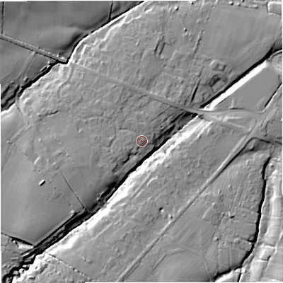 Shaded relief map of the ground around WR136SH, computed from Environment Agency LiDAR. The ground here sits at about 45 m above sea level and falls 15 m across the surrounding 800 m. Surface water reaching this point runs off ground lying to the west-south-west, 4.3 m higher.