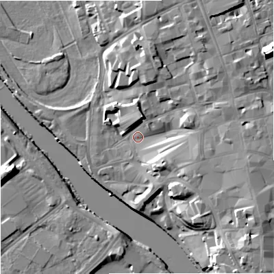 Shaded relief map of the ground around WR13BE, computed from Environment Agency LiDAR. The ground here sits at about 16 m above sea level and falls 20 m across the surrounding 800 m. Surface water reaching this point runs off ground lying to the east, 9.7 m higher.