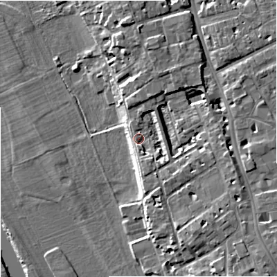 Shaded relief map of the ground around WR13EA, computed from Environment Agency LiDAR. The ground here sits at about 19 m above sea level and falls 13 m across the surrounding 800 m. Surface water reaching this point runs off ground lying to the east, 5.4 m higher.
