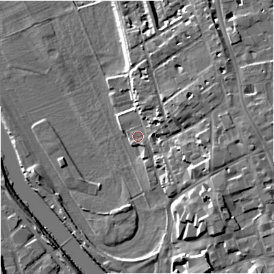 Shaded relief map of the ground around WR13ED, computed from Environment Agency LiDAR. The ground here sits at about 16 m above sea level and falls 13 m across the surrounding 800 m. Surface water reaching this point runs off ground lying to the east-north-east, 6.7 m higher.