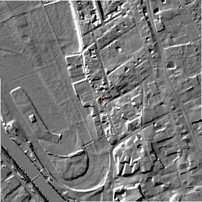Shaded relief map of the ground around WR13EE, computed from Environment Agency LiDAR. The ground here sits at about 17 m above sea level and falls 13 m across the surrounding 800 m. Surface water reaching this point runs off ground lying to the north-east, 3.7 m higher.