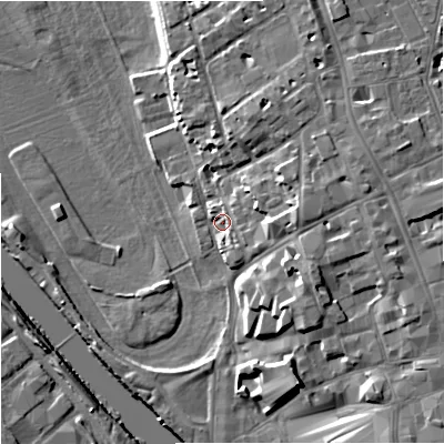 Shaded relief map of the ground around WR13EH, computed from Environment Agency LiDAR. The ground here sits at about 18 m above sea level and falls 13 m across the surrounding 800 m. Surface water reaching this point runs off ground lying to the east, 8.2 m higher.
