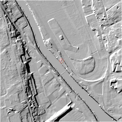 Shaded relief map of the ground around WR13EJ, computed from Environment Agency LiDAR. The ground here sits at about 15 m above sea level and falls 20 m across the surrounding 800 m. Surface water reaching this point runs off ground lying to the south-south-west, 6.0 m higher.