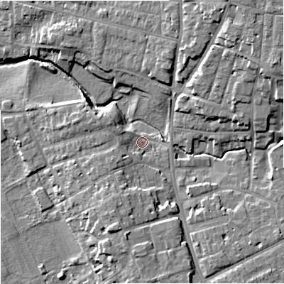 Shaded relief map of the ground around WR13ET, computed from Environment Agency LiDAR. The ground here sits at about 17 m above sea level and falls 16 m across the surrounding 800 m. Surface water reaching this point runs off ground lying to the south-south-west, 5.2 m higher.