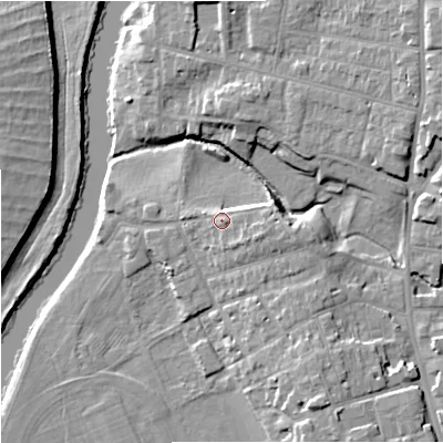Shaded relief map of the ground around WR13EY, computed from Environment Agency LiDAR. The ground here sits at about 19 m above sea level and falls 13 m across the surrounding 800 m. Surface water reaching this point runs off ground lying to the south-east, 1.5 m higher.