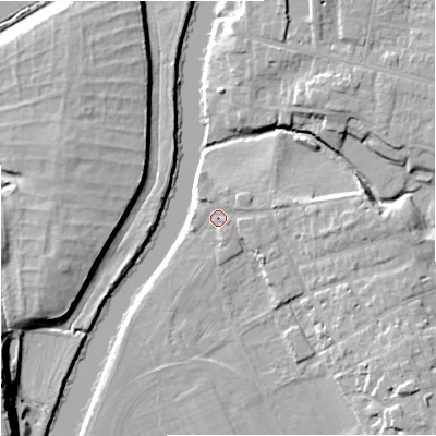 Shaded relief map of the ground around WR13EZ, computed from Environment Agency LiDAR. The ground here sits at about 16 m above sea level and falls 17 m across the surrounding 800 m. Surface water reaching this point runs off ground lying to the east, 4.9 m higher.