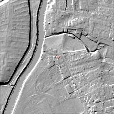 Shaded relief map of the ground around WR13FD, computed from Environment Agency LiDAR. The ground here sits at about 17 m above sea level and falls 11 m across the surrounding 800 m. Surface water reaching this point runs off ground lying to the east, 3.6 m higher.